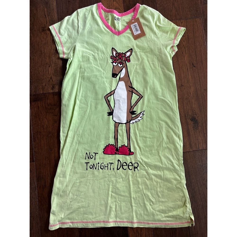 Lazy One Not Tonight Deer V-Neck Nightshirt Lime Green Cotton Sleep Dress S/ M